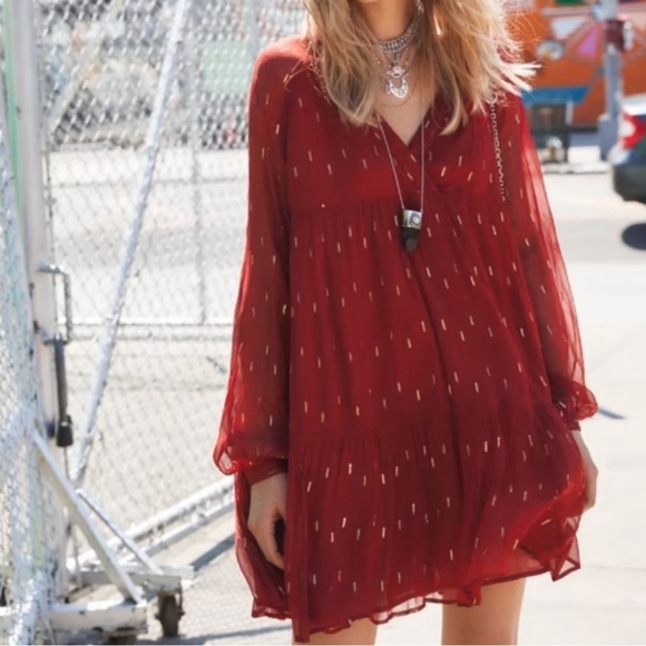 Sezane Stella Long Sleeve Silk-feel Boho Metallic Speckled Mini Dress Brick Red - Picture 3 of 13